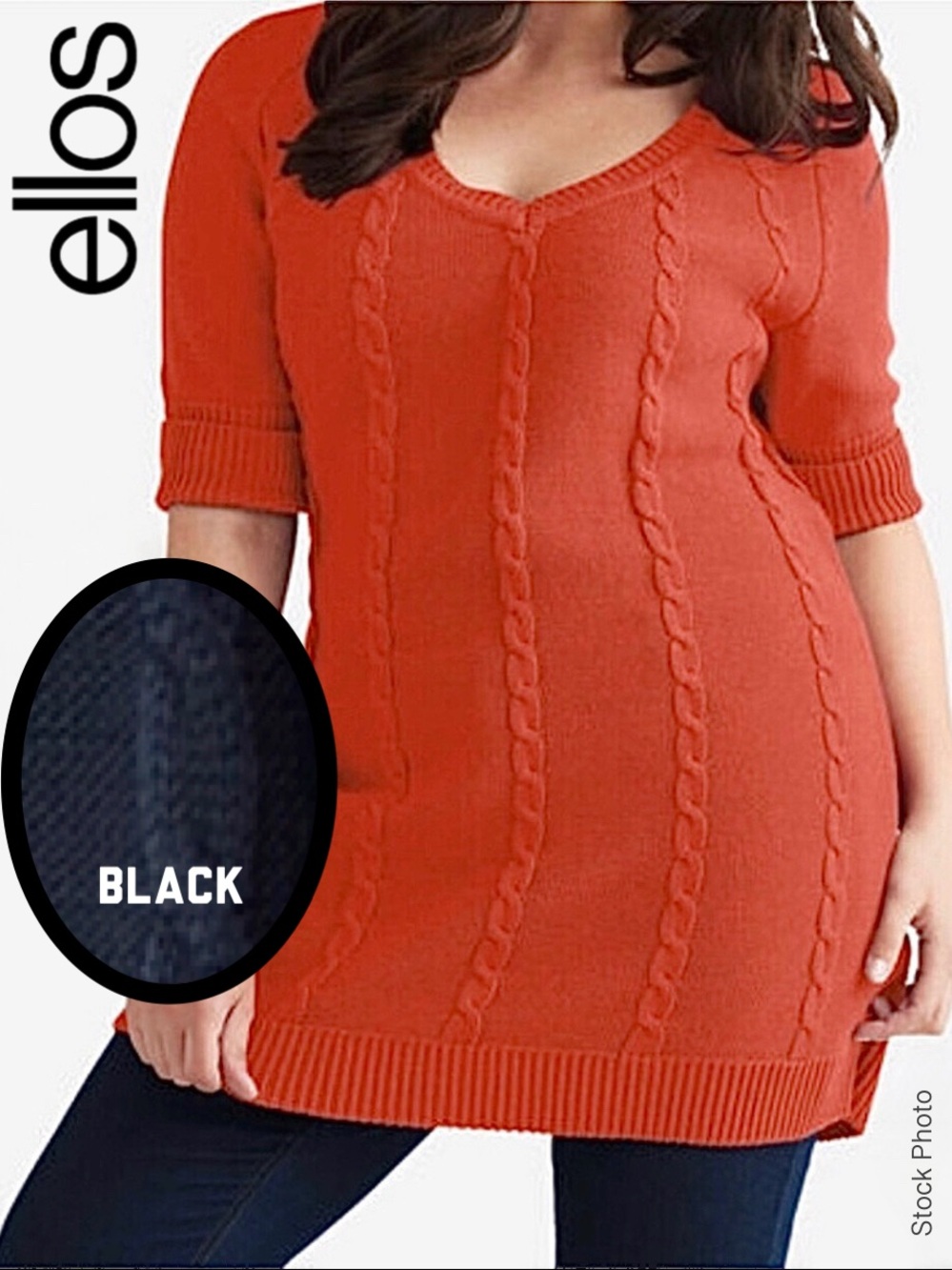 New Ellos Deep V-neck Cable Knit Long Sweater Elbow Length Sleeves Black (2X~3X)